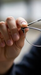 Person holds thin rimmed optical device with focused fingers