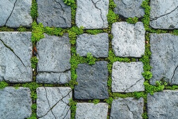 Obraz premium weathered square cobblestones with bright green moss in the seams, evoking tranquil resilience