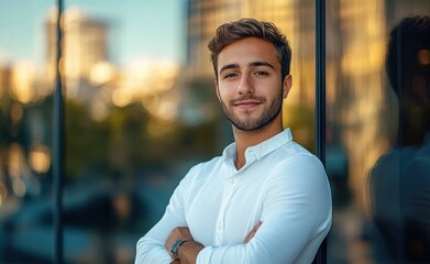 man in white button-down shirt standing with arms crossed against reflective glass facade in an urban golden hour scene, confident and relaxed posture