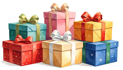 A watercolor illustration of a stack of colorful, ribboned presents on a plain white background