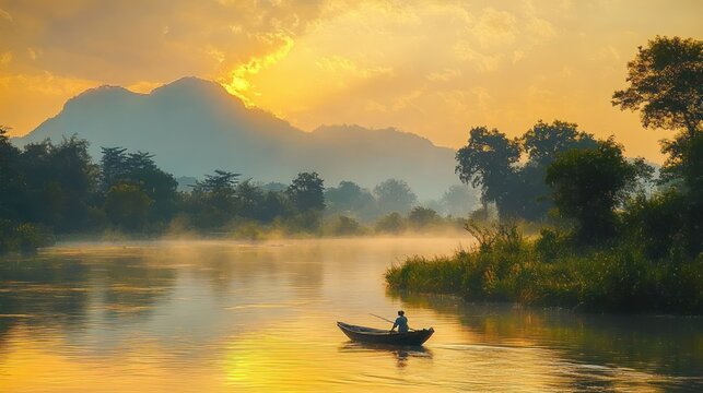 Solitary rower in a small wooden boat on a misty golden river at sunrise with reflective water, tree-lined banks and distant mountains, peaceful and contemplative mood