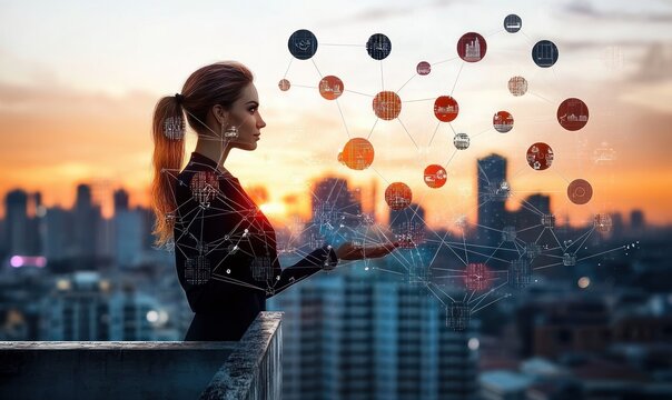 businesswoman on rooftop at sunset interacting with floating digital network and holographic nodes above a city skyline, confident futuristic contemplative mood - Powered by Adobe