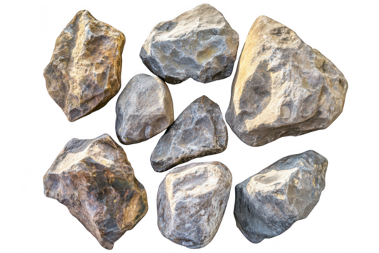 A collection of various textured rocks arranged artistically on a white background. their unique shapes and colors. ideal for nature-themed projects or educational materials