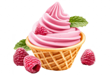 A delicious swirl of raspberry-flavored soft serve ice cream in a waffle cone. garnished with fresh mint leaves and surrounded by ripe raspberries. perfect for a summer dessert setting