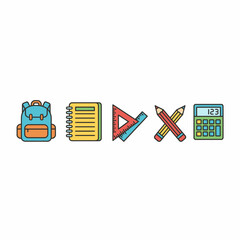 School Supplies Icons Backpack Notebook Rulers Pencils and Calculator.