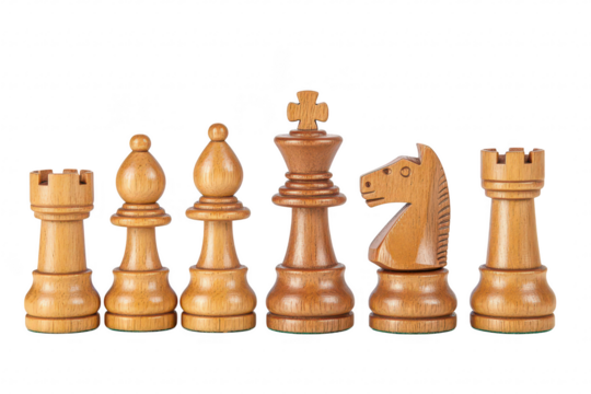 A close-up view of wooden chess pieces arranged in a row. a rook. pawn. bishop. king. knight. and queen. with a clean white background emphasizing their craftsmanship