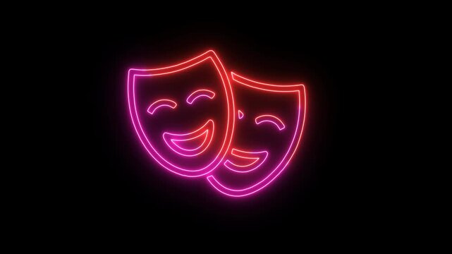 Glowing neon comedy theater masks with pink and red outlines on black background, modern digital art style with bright magenta glow effect.