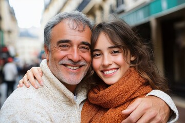 Affectionate older couple embracing on a busy city street wearing cozy knit sweater and warm orange scarf, conveying tender joyful companionship