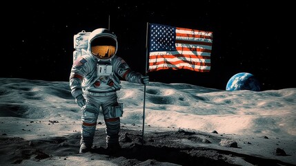 Fototapeta premium Solitary astronaut in bulky spacesuit plants a waving national flag on the rugged moon surface under a starry sky with Earth rising, evoking awe and triumph