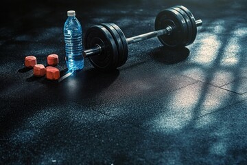 barbell with heavy weight plates, three red hex dumbbells and a water bottle on a dark rubber gym floor under dramatic moody light conveying focus and determination