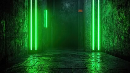 Dark industrial corridor with green vertical neon lights, wet reflective floor and textured concrete walls, empty eerie futuristic passageway evoking tension and mystery