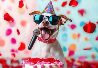 happy small dog wearing sunglasses and a colorful party hat holding a microphone beside a pink frosted cake topped with red rose petals while confetti falls, joyful celebration