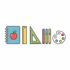 School Supplies Illustration Notebook Ruler Triangle Markers and Palette.