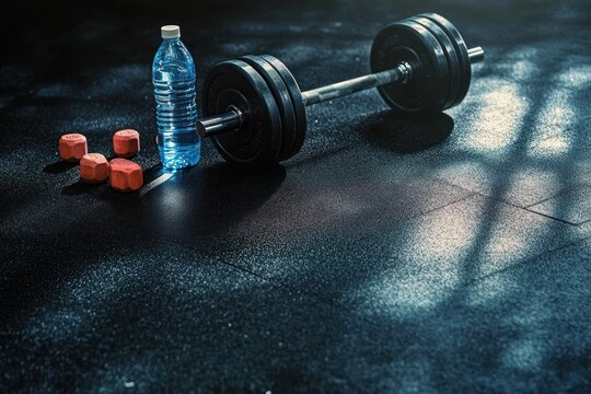 barbell with heavy weight plates, three red hex dumbbells and a water bottle on a dark rubber gym floor under dramatic moody light conveying focus and determination