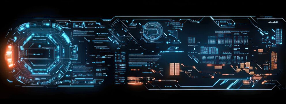 glowing blue and orange holographic user interface with circular data hub, hexagonal and rectangular panels, scrolling code, charts and neon readouts conveying cold high-tech precision