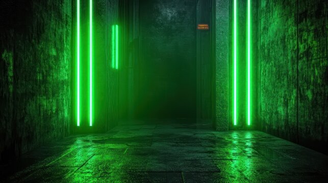 Dark industrial corridor with green vertical neon lights, wet reflective floor and textured concrete walls, empty eerie futuristic passageway evoking tension and mystery - Powered by Adobe