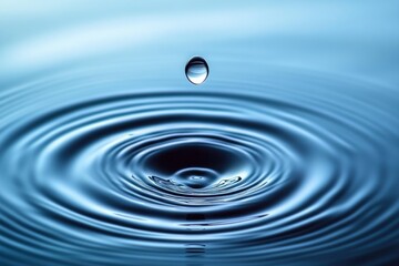 single water droplet suspended above a calm blue surface creating concentric ripples, serene and tranquil minimal scene
