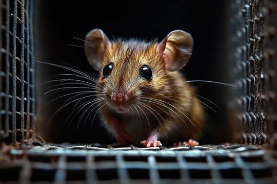 Curious small mouse peering out from a wire cage with wide shiny eyes, twitching whiskers and tiny paws, alert and cautious in dim light