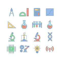 Science and Technology Icons A Colorful Collection of Scientific Instruments and Technological Symbols.