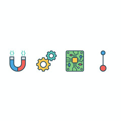 Science and Technology Icons Magnet Gears Circuit Board and Atom.