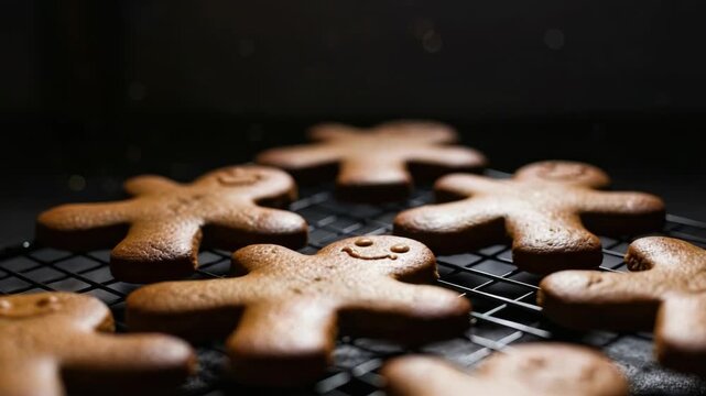 Homemade gingerbread man cookies cooling on a black baking rack after baking. Festive christmas dessert for a traditional holiday celebration in a wide banner format