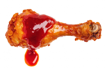 Crispy fried chicken drumstick topped with a rich. glossy red sauce. isolated on a white background. ideal for food photography or culinary articles