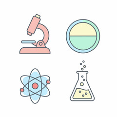 Science Icons Set Microscope Petri Dish Atom and Beaker.