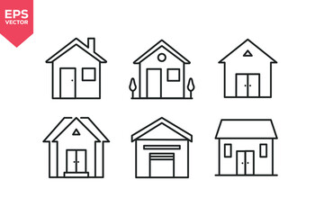 Set of line icons related to home, family house, cabin, house with garage, simple cottage.  Editable stroke. Vector illustration