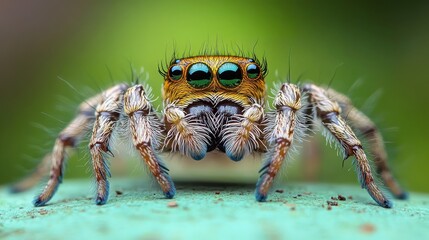 close-up portrait of a small hairy jumping spider with bright emerald reflective eyes in a curious, alert pose on a mint surface