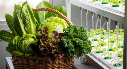A basket of freshly harvested lettuce and kale is beside an indoor hydroponic farm.