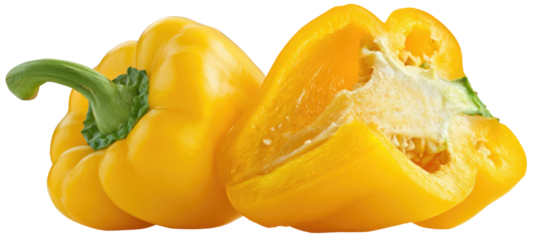 A vibrant yellow bell pepper, whole and halved, showcasing its fresh interior