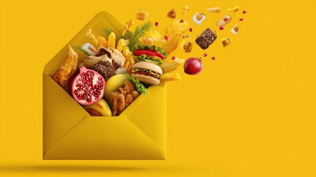 Business growth and innovation concept with colorful junk food flying from a yellow envelope on a vibrant background.