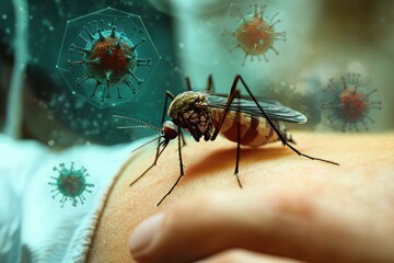 Naklejka premium macro view of a mosquito feeding on human skin surrounded by floating virus particles, evoking a tense and threatening mood
