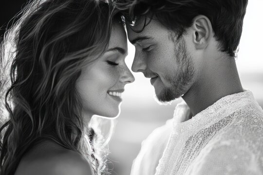 black and white close up of a man and woman facing each other with wavy hair, knit sweater, ear and shoulder visible and soft backlight conveying a tender intimate emotion