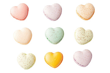 A colorful arrangement of heart-shaped macarons in various pastel colors. a delightful confectionery display against a clean white background. ideal for dessert-themed promotions