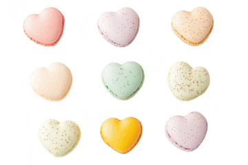 A colorful arrangement of heart-shaped macarons in various pastel colors. a delightful confectionery display against a clean white background. ideal for dessert-themed promotions