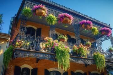 sunlit two-story brick building with ornate wrought-iron balcony, hanging baskets of pink blooms and cascading greenery, cheerful and vibrant