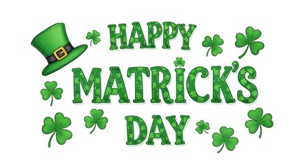 A festive green hat with shamrocks and the words 'Happy Matrick's Day' on a white background.