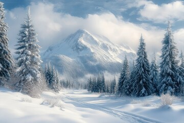 Snow-covered mountain and frosted pine forest with a winding snowy trail under a soft clouded sky, a tranquil and majestic winter scene