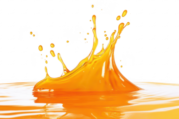 A splash of orange liquid rises dramatically from a calm surface. capturing the essence of motion and fluidity against a stark white background. ideal for creative and promotional use