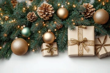 elegant festive holiday arrangement of evergreen branches with pine cones, gold and green baubles, warm fairy lights and neatly wrapped gold presents evoking a cozy celebratory mood