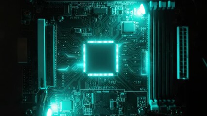 Glowing cyan light pulses through a computer motherboard circuit. Central processor unit activation sequence representing data processing and futuristic technology innovation - Powered by Adobe