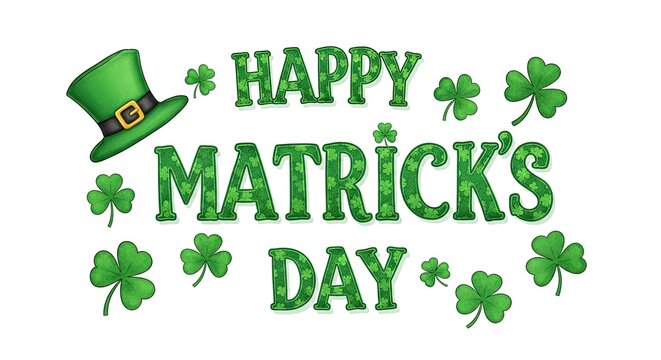 A festive green hat with shamrocks and the words 'Happy Matrick's Day' on a white background.