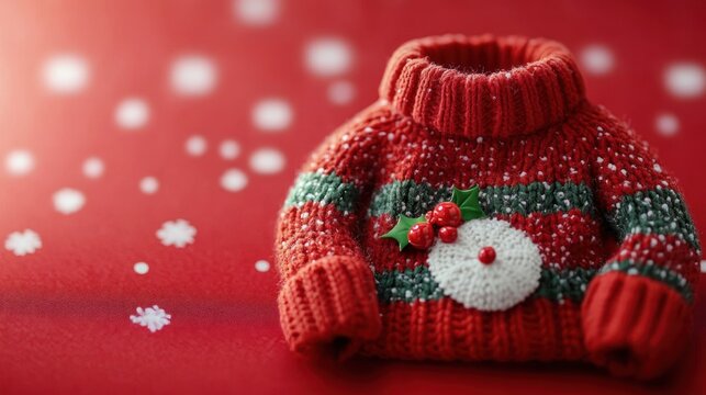 Small red knitted turtleneck sweater with green stripes, white pompom and holly berries on red background with scattered snowflake confetti, cozy festive mood