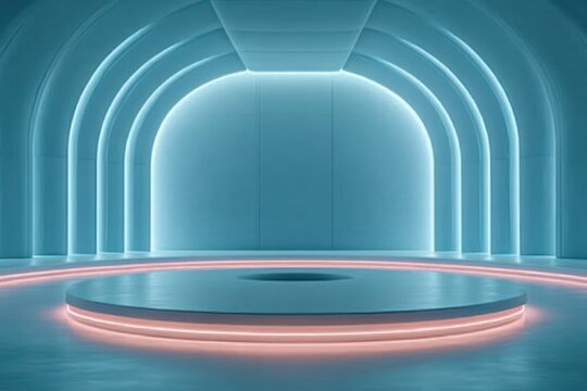 Futuristic neon-lit vaulted hall with concentric arches and a glowing circular podium, cool blue tones and soft pink accents creating a serene mysterious minimalist atmosphere