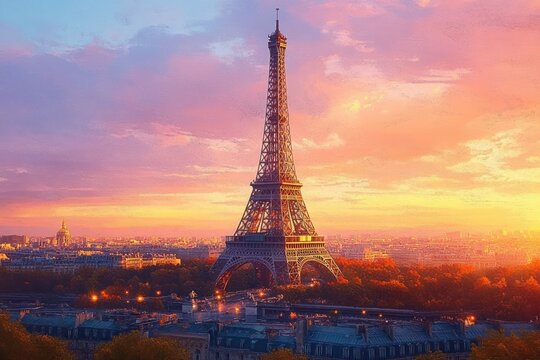 eiffel tower rising above paris rooftops at golden sunset with glowing city lights and dreamy pink and orange sky