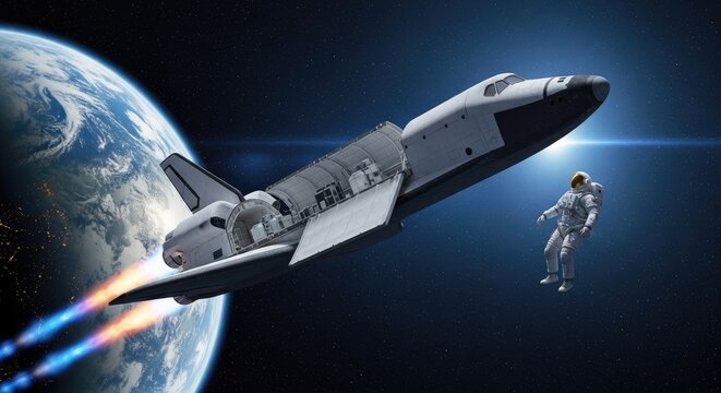A space shuttle flying above the Earth with an astronaut floating in front of it.