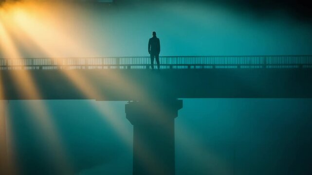 A lone person's silhouette walks across a bridge in a mysterious and foggy atmosphere. This conceptual sequence symbolizes a spiritual journey, hope, and overcoming challenges