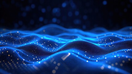 Luminous blue digital waves rolling across a gridlike mesh studded with tiny golden lights, evoking a serene futuristic data landscape
