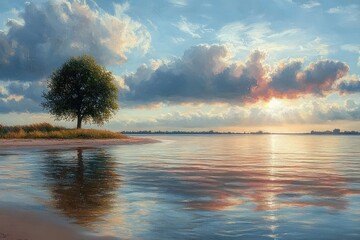 Solitary tree on a small sandy shore by calm reflective water at sunset under dramatic clouds, warm golden light and a peaceful, tranquil mood